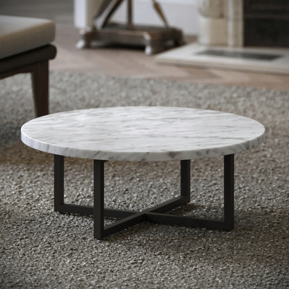 Nazzano Carrara Marble Round Coffee Table with Black Legs