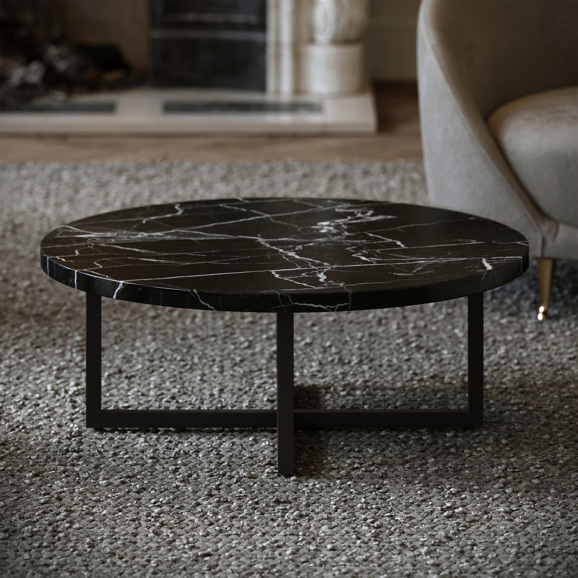 Nazzano Nero Marquina Marble Round Coffee Table with Black Legs