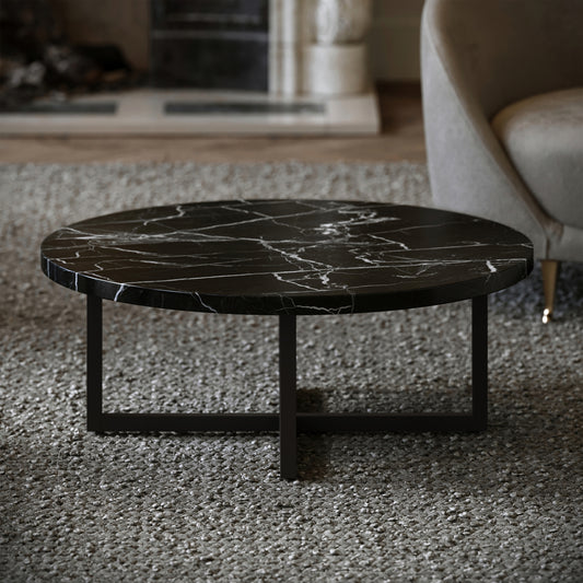 Nazzano Nero Marquina Marble Round Coffee Table with Black Legs