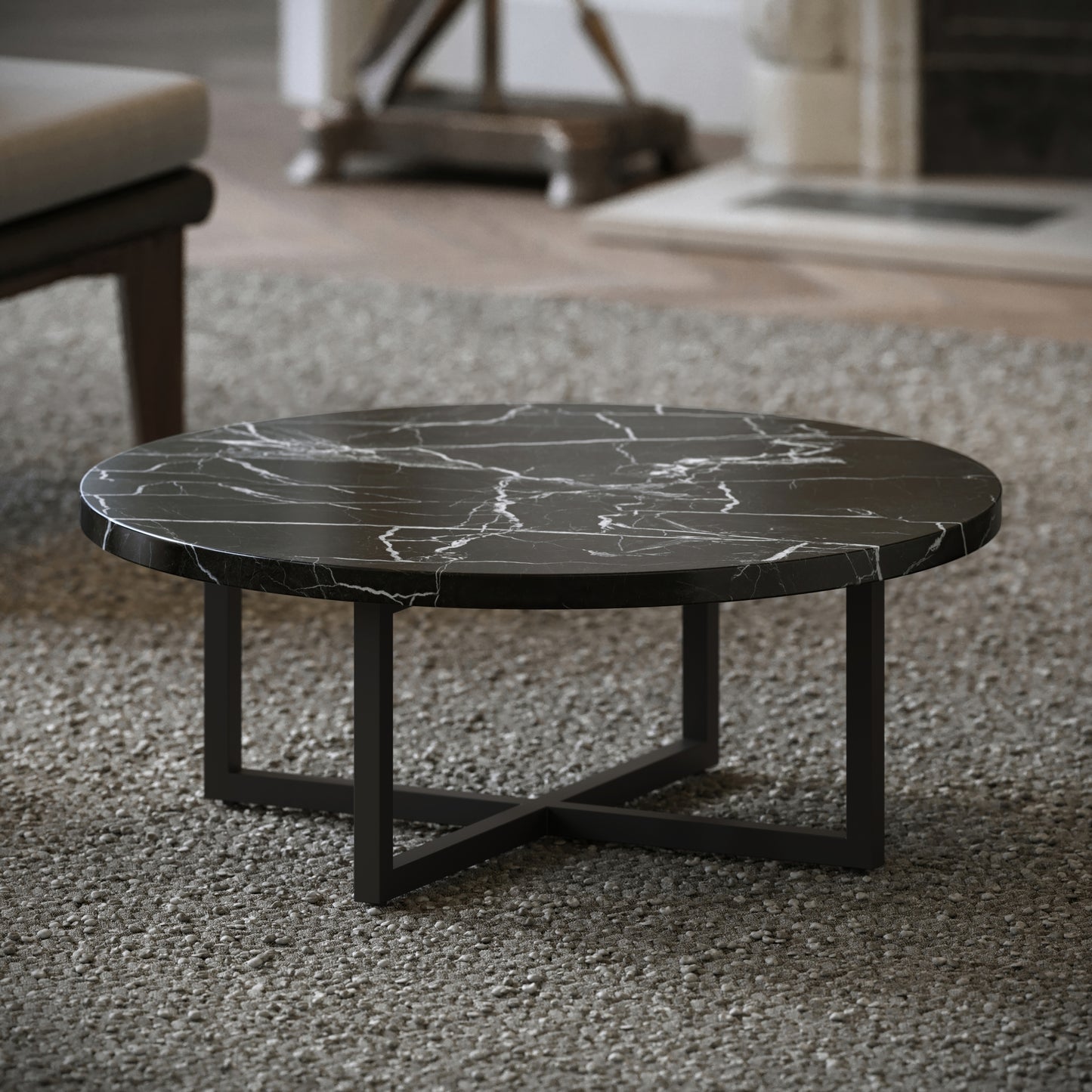 Nazzano Nero Marquina Marble Round Coffee Table with Black Legs