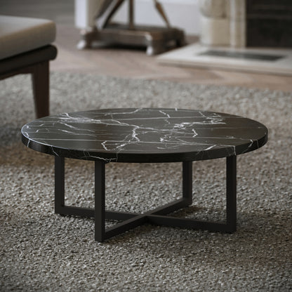 Nazzano Nero Marquina Marble Round Coffee Table with Black Legs