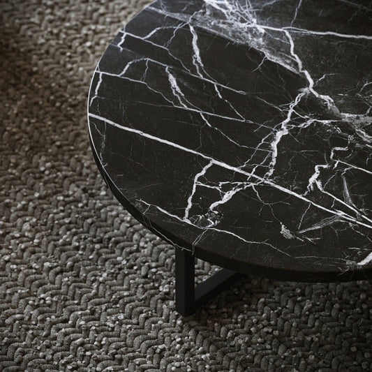 Nazzano Nero Marquina Marble Round Coffee Table with Black Legs