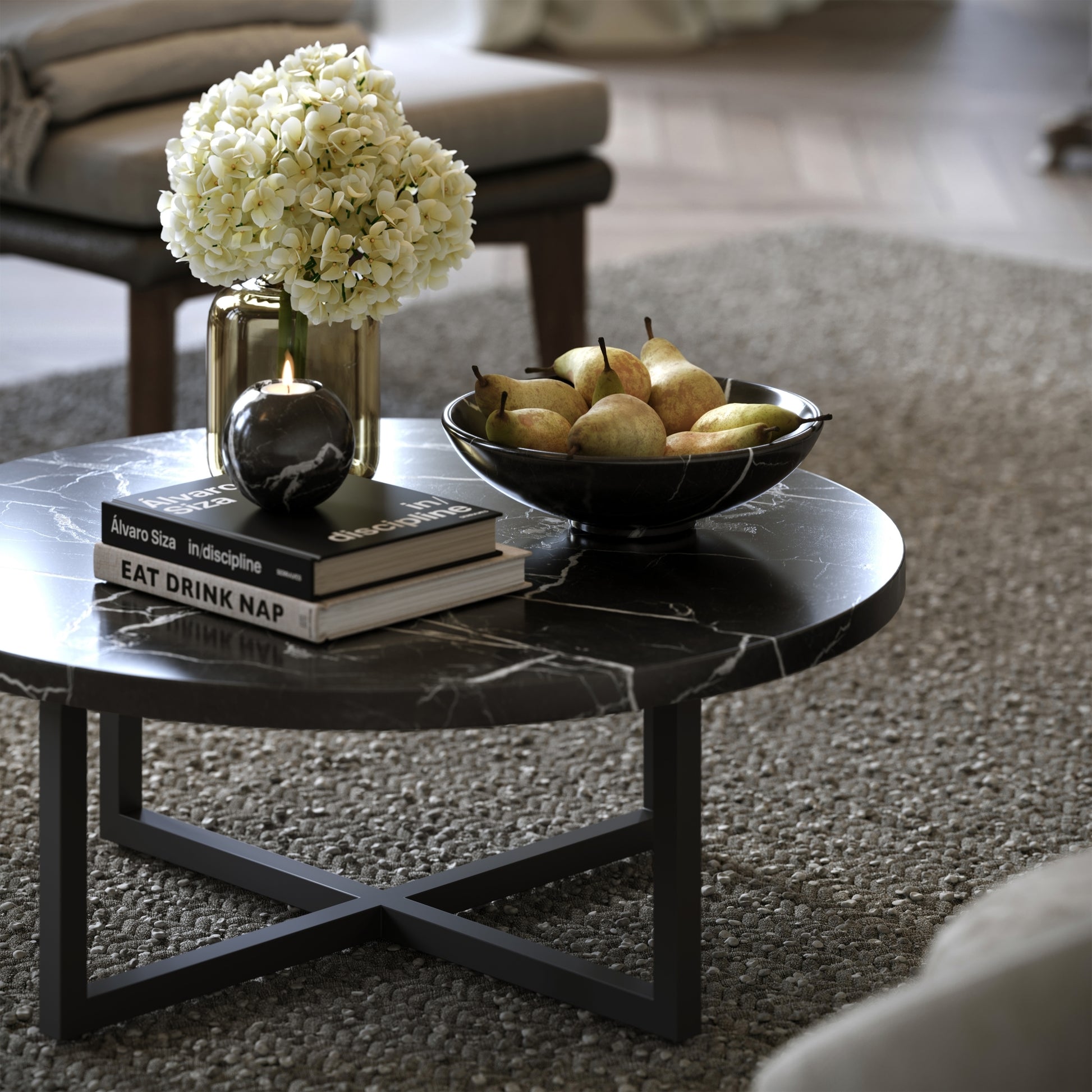 Nazzano Nero Marquina Marble Round Coffee Table with Black Legs