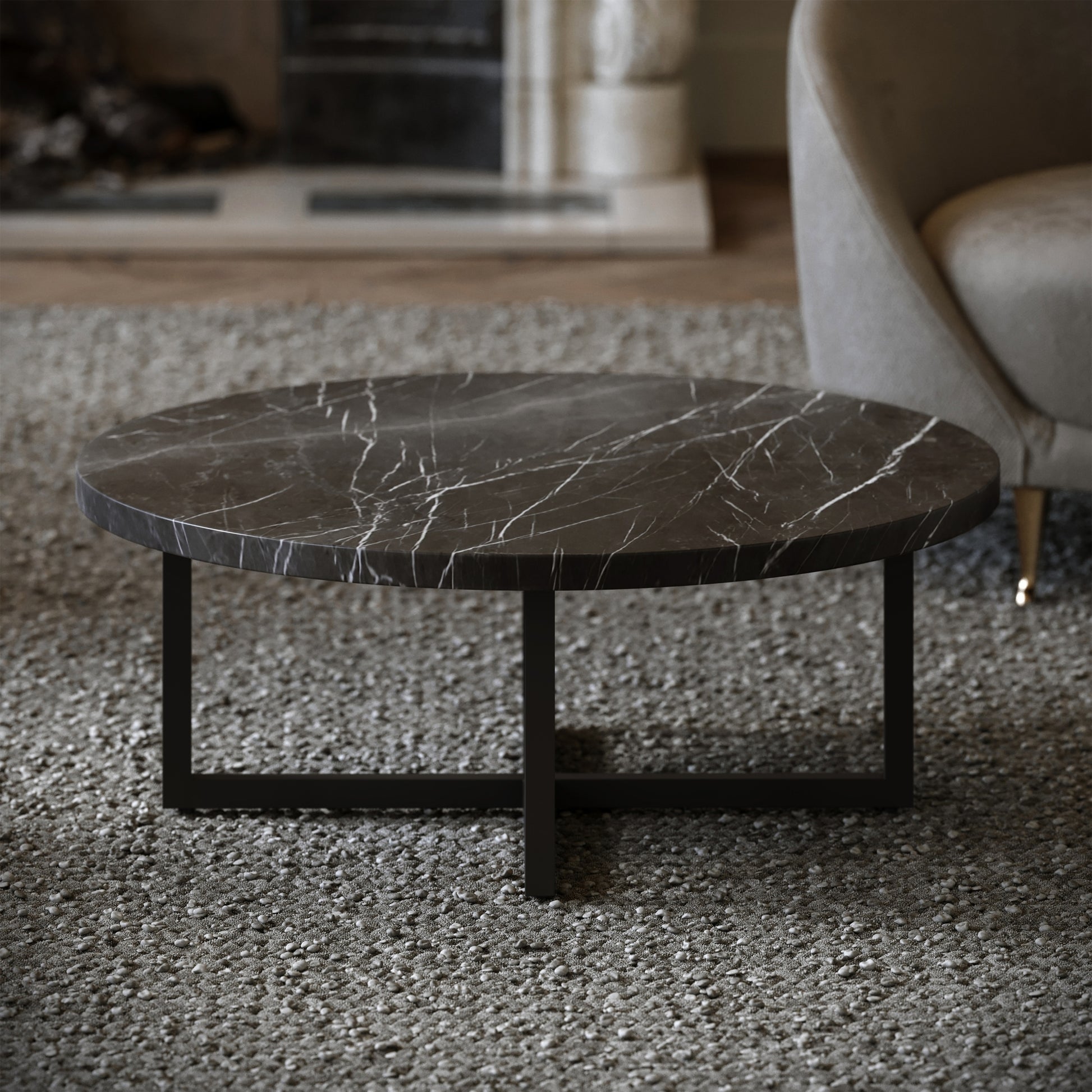 Nazzano Nero Marquina Marble Round Coffee Table with Black Legs