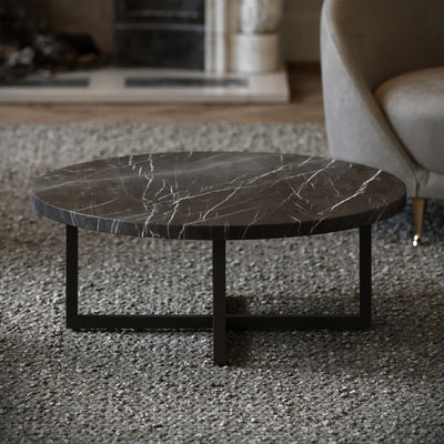 Nazzano Pietra Grey Marble Round Coffee Table with Black Legs
