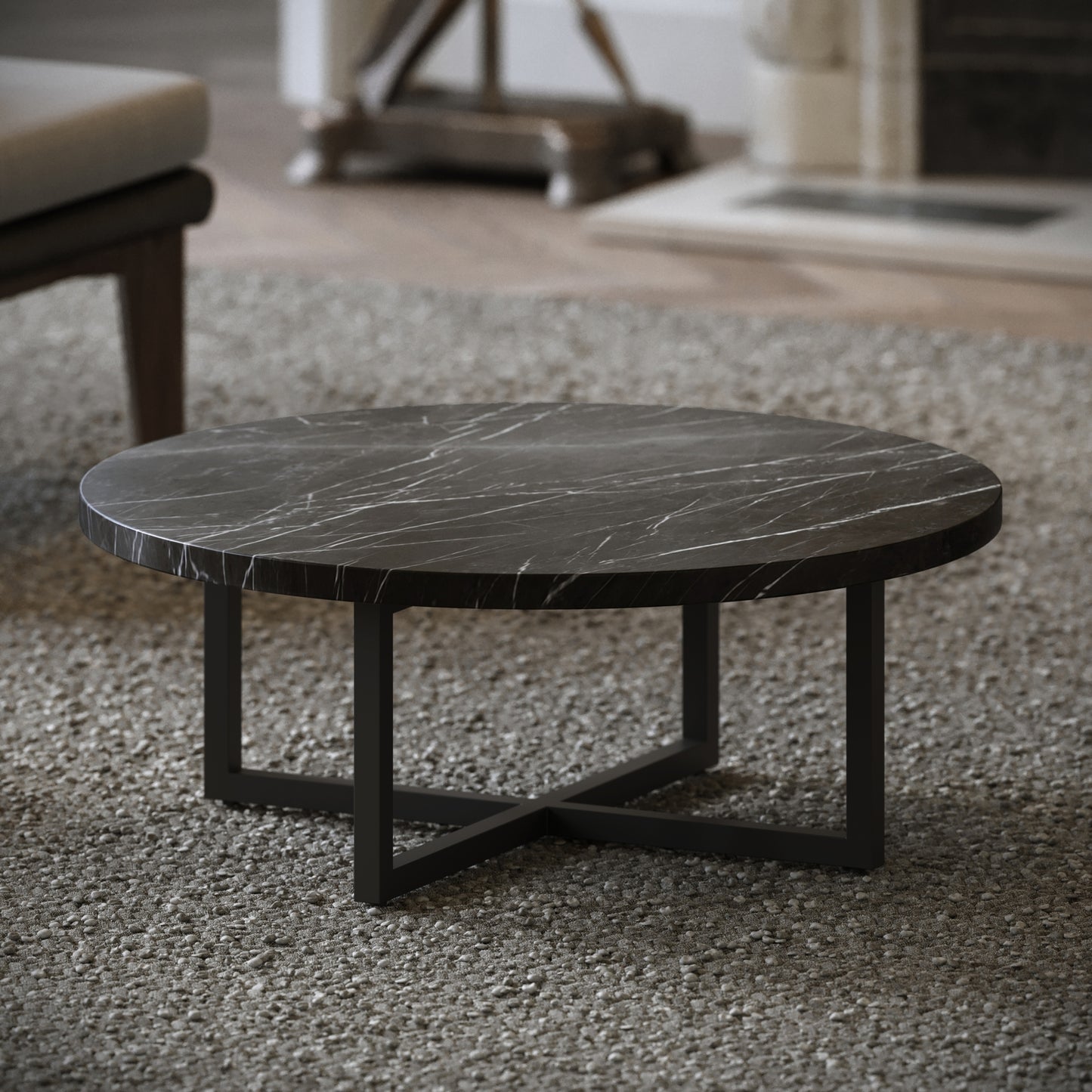 Nazzano Pietra Grey Marble Round Coffee Table with Black Legs