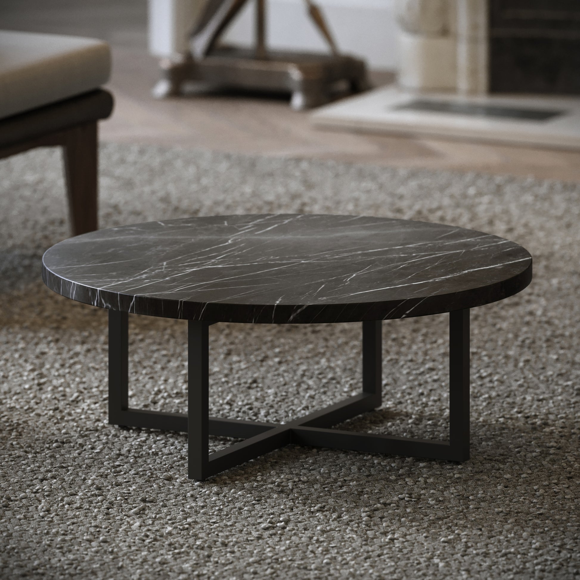 Nazzano Pietra Grey Marble Round Coffee Table with Black Legs