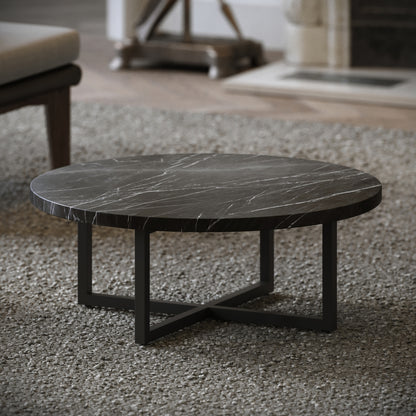 Nazzano Pietra Grey Marble Round Coffee Table with Black Legs