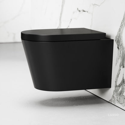 Nera Matte Black Wall Hung Rimless Toilet with Concealed Cistern Frame and Gunmetal Flush Plate
