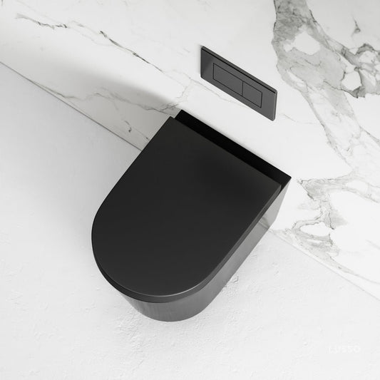 Nera Matte Black Wall Hung Rimless Toilet with Concealed Cistern Frame and Gunmetal Flush Plate