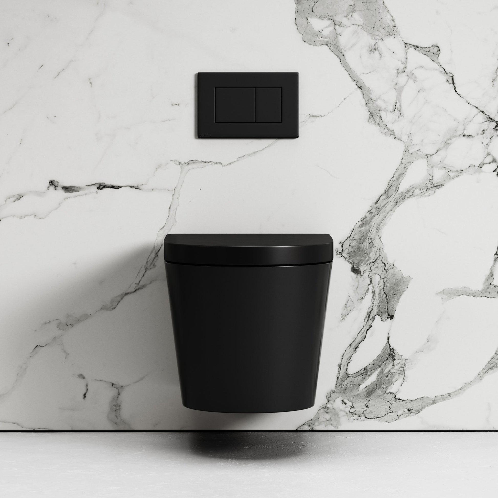 Nera Matte Black Wall Hung Rimless Toilet with Concealed Cistern Frame and Matte Black Flush Plate