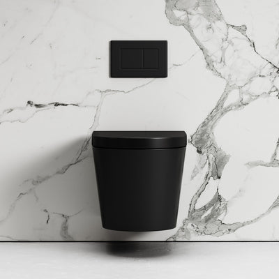 Nera Matte Black Wall Hung Rimless Toilet with Concealed Cistern Frame and Matte Black Flush Plate