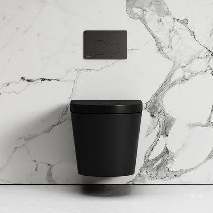 Nera Matte Black Wall Hung Rimless Toilet with Concealed Cistern Frame and Round Flush Plate