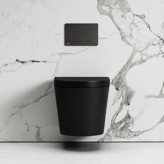 Nera Matte Black Wall Hung Rimless Toilet with Concealed Cistern Frame and Round Flush Plate