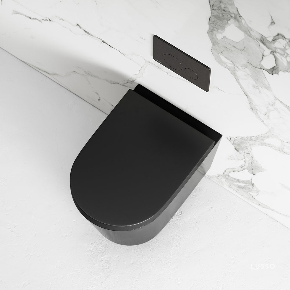 Nera Matte Black Wall Hung Rimless Toilet with Concealed Cistern Frame and Round Flush Plate