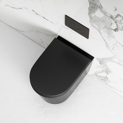 Nera Matte Black Wall Hung Rimless Toilet with Concealed Cistern Frame and Round Flush Plate