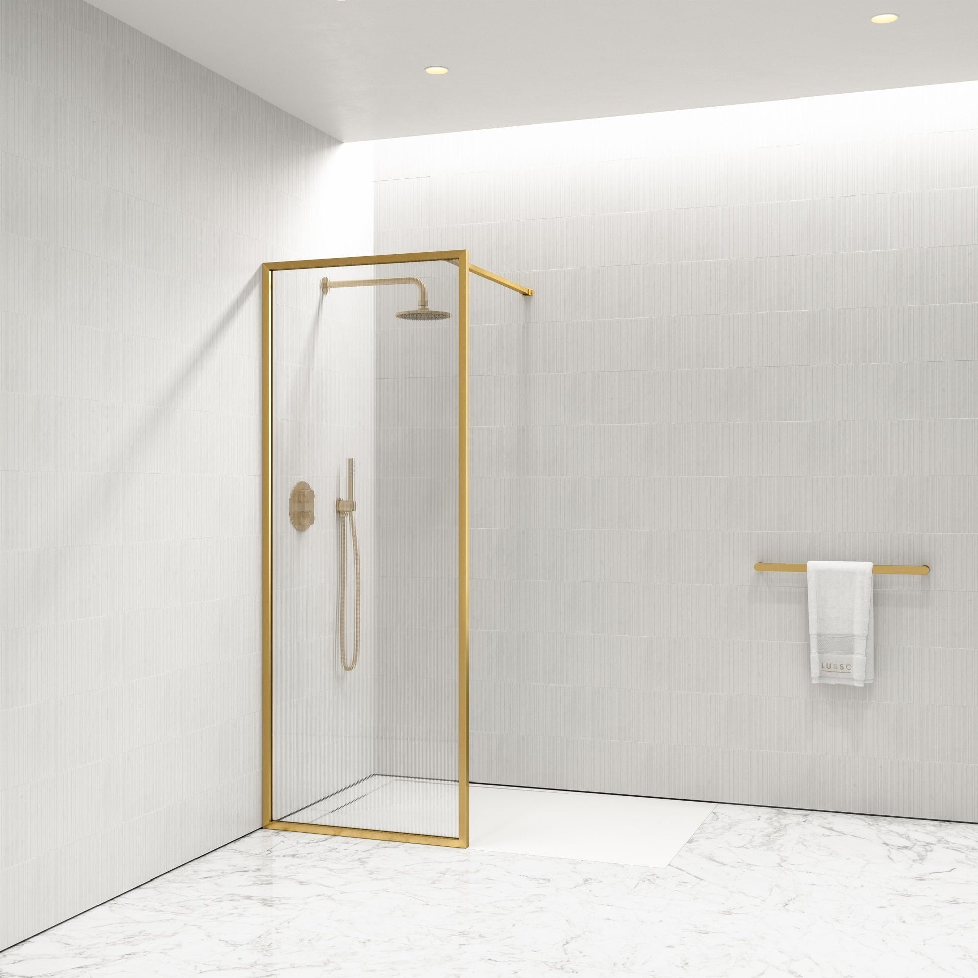 Opulence Reeded Glass Complete Walk In Shower Enclosure Brushed Gold - KIT A (ALL SIZES)