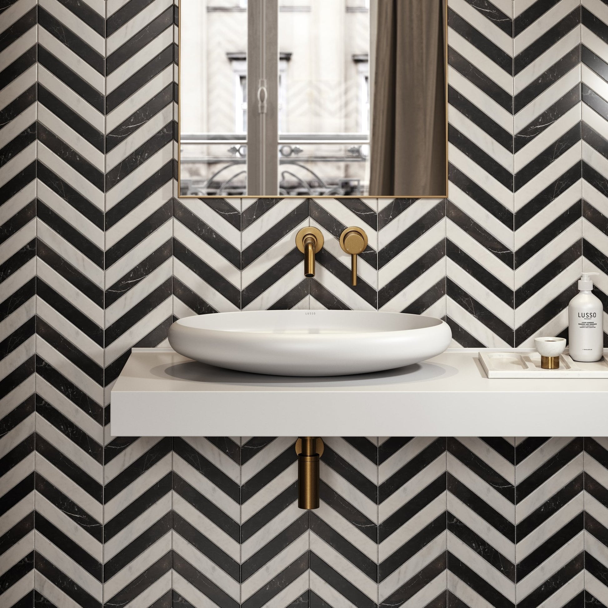 Palazzo Chevron Carrara & Nero Marquina Marble Mosaic Wall or Floor Tile
