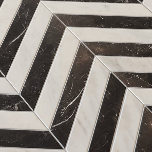 Palazzo Chevron Carrara & Nero Marquina Marble Mosaic Wall or Floor Tile