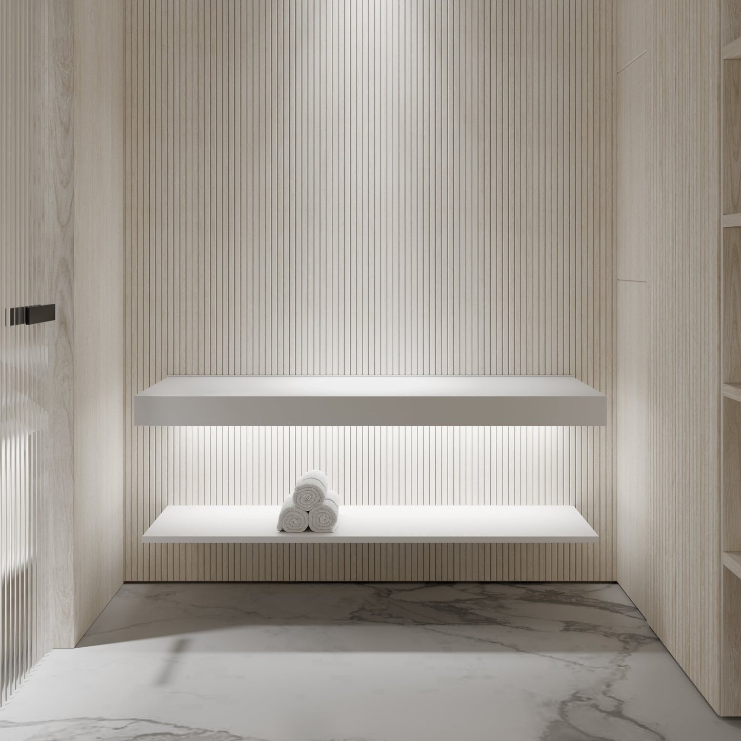 Stone Wall Hung Countertop Basin Shelf & Slimline Towel Shelf (1400mm Wide - Matte/Polished White)