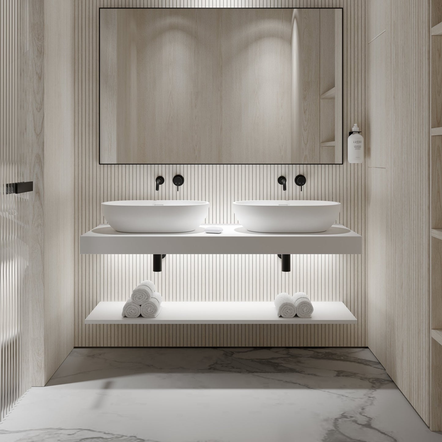 Stone Wall Hung Countertop Basin Shelf & Slimline Towel Shelf (1400mm Wide - Matte/Polished White)