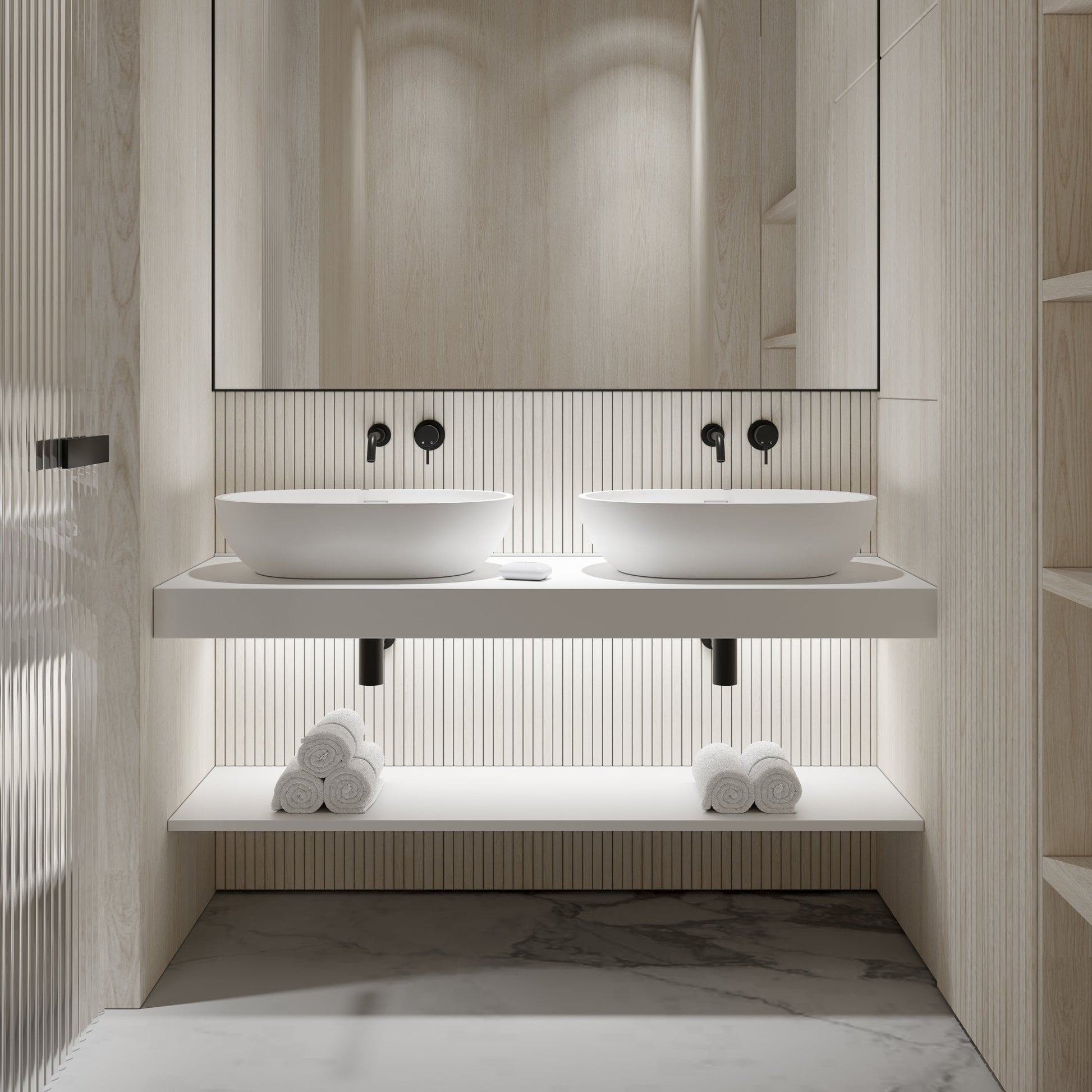 Stone Wall Hung Countertop Basin Shelf & Slimline Towel Shelf (1400mm Wide - Matte/Polished White)