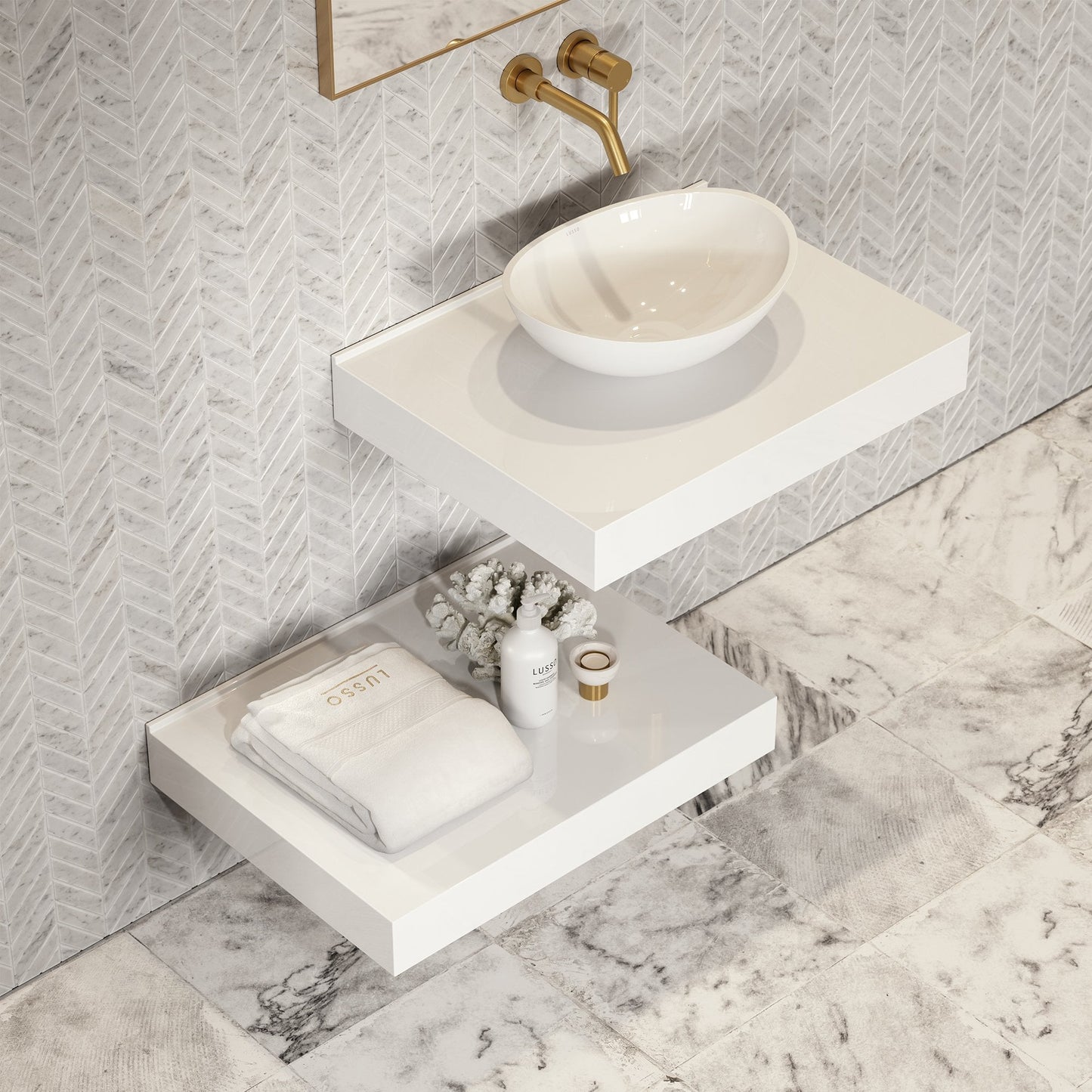Stone Wall Hung Countertop Basin Shelf & Towel Shelf (660mm Wide - Matte/Polished White)