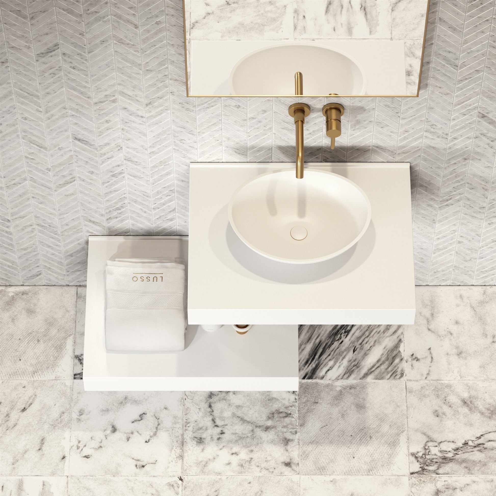 Stone Wall Hung Countertop Basin Shelf & Towel Shelf (660mm Wide - Matte/Polished White)