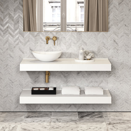 Stone Wall Hung Countertop Basin Shelf & Towel Shelf (1200mm Wide - Matte/Polished White)
