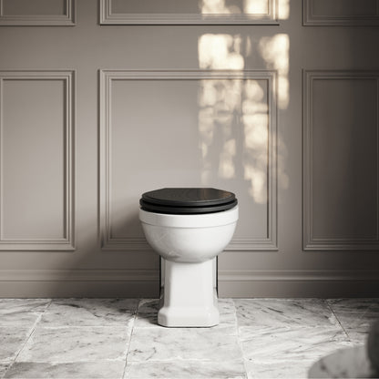 Portland Back to Wall Traditional Toilet with Solid Oak Matte Black seat (Brushed Gold Fittings)