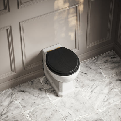 Portland Back to Wall Traditional Toilet with Solid Oak Matte Black seat (Brushed Gold Fittings)