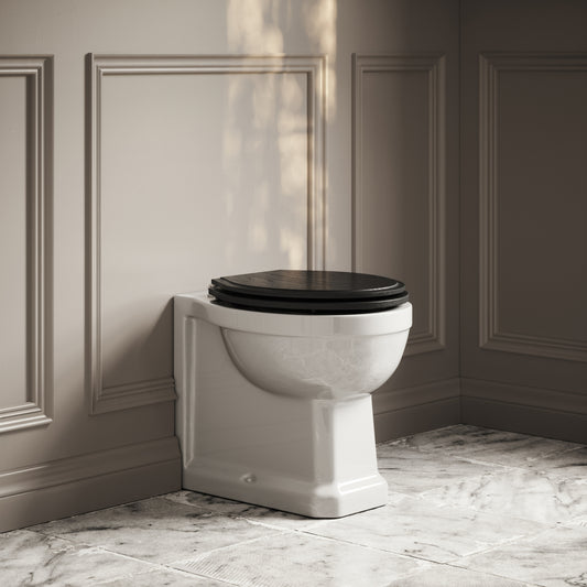 Portland Back to Wall Traditional Toilet with Solid Oak Matte Black seat (Polished Nickel Fittings)