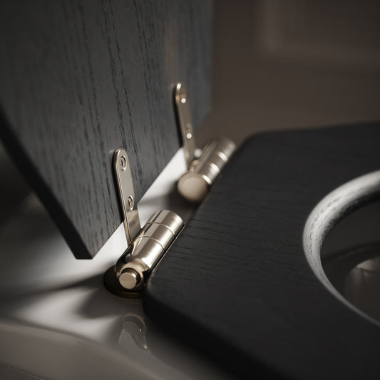 Portland Back to Wall Traditional Toilet with Solid Oak Matte Black seat (Polished Nickel Fittings)