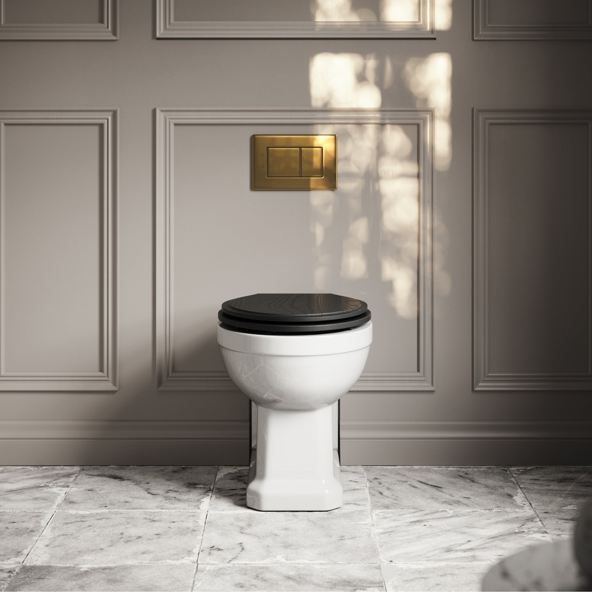 Portland Back To Wall Traditional Toilet With Solid Oak Matte Black Seat with Concealed Cistern and Brushed Gold Flush Plate