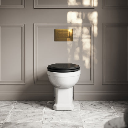 Portland Back To Wall Traditional Toilet With Solid Oak Matte Black Seat with Concealed Cistern and Brushed Gold Flush Plate