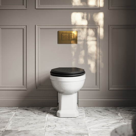 Portland Back To Wall Traditional Toilet With Solid Oak Matte Black Seat with Concealed Cistern and Brushed Gold Flush Plate