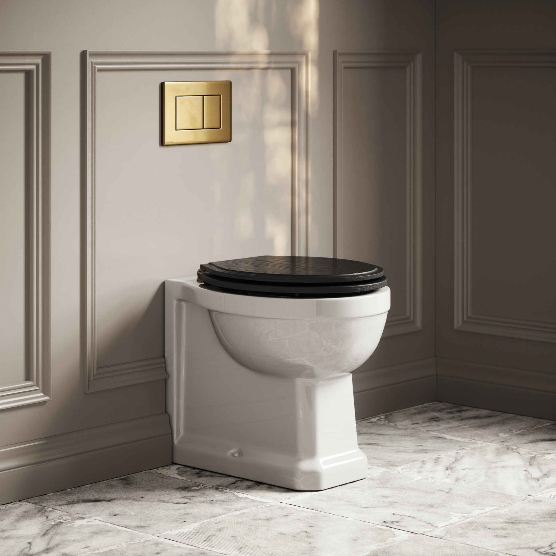 Portland Back To Wall Traditional Toilet With Solid Oak Matte Black Seat with Concealed Cistern and Brushed Gold Flush Plate