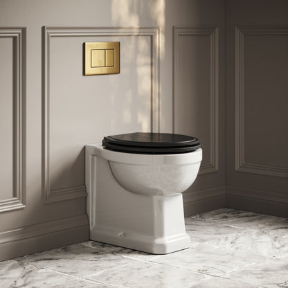 Portland Back To Wall Traditional Toilet With Solid Oak Matte Black Seat with Concealed Cistern and Brushed Gold Flush Plate