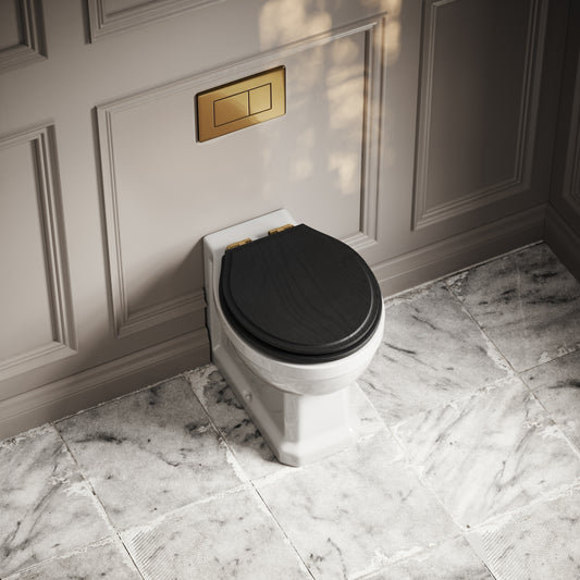 Portland Back To Wall Traditional Toilet With Solid Oak Matte Black Seat with Concealed Cistern and Brushed Gold Flush Plate