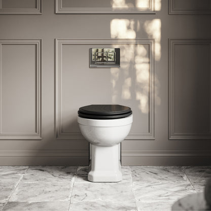 Portland Back To Wall Traditional Toilet With Solid Oak Matte Black Seat with Concealed Cistern and Chrome Flush Plate