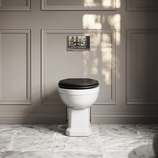 Portland Back To Wall Traditional Toilet With Solid Oak Matte Black Seat with Concealed Cistern and Chrome Flush Plate