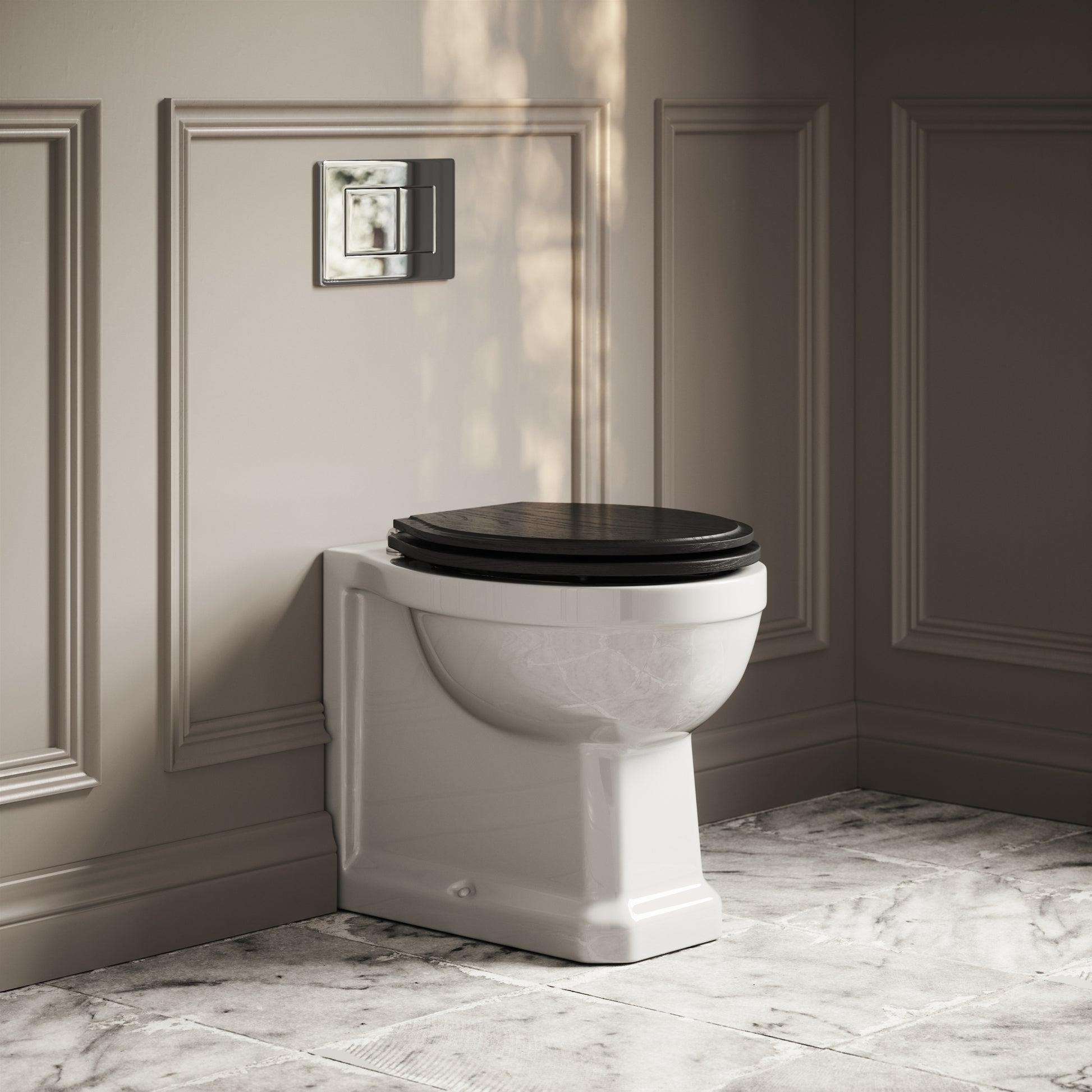 Portland Back To Wall Traditional Toilet With Solid Oak Matte Black Seat with Concealed Cistern and Chrome Flush Plate