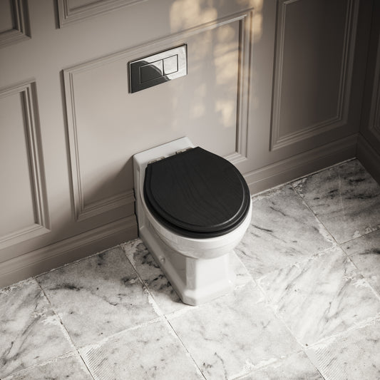 Portland Back To Wall Traditional Toilet With Solid Oak Matte Black Seat with Concealed Cistern and Chrome Flush Plate