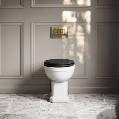 Portland Back To Wall Traditional Toilet With Solid Oak Matte Black Seat with Concealed Cistern and Polished Nickel Flush Plate
