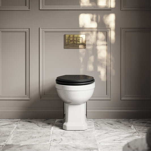 Portland Back To Wall Traditional Toilet With Solid Oak Matte Black Seat with Concealed Cistern and Polished Nickel Flush Plate