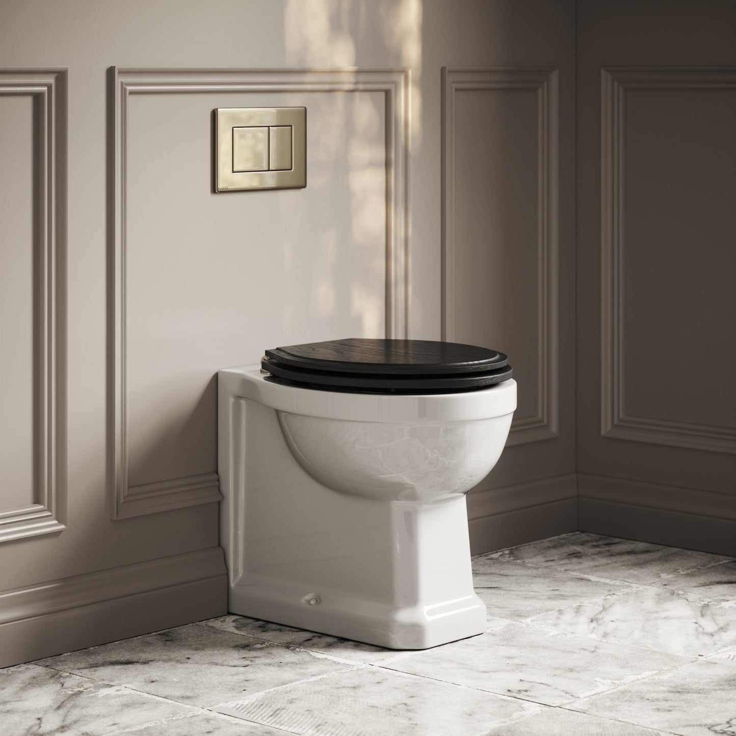 Portland Back To Wall Traditional Toilet With Solid Oak Matte Black Seat with Concealed Cistern and Polished Nickel Flush Plate