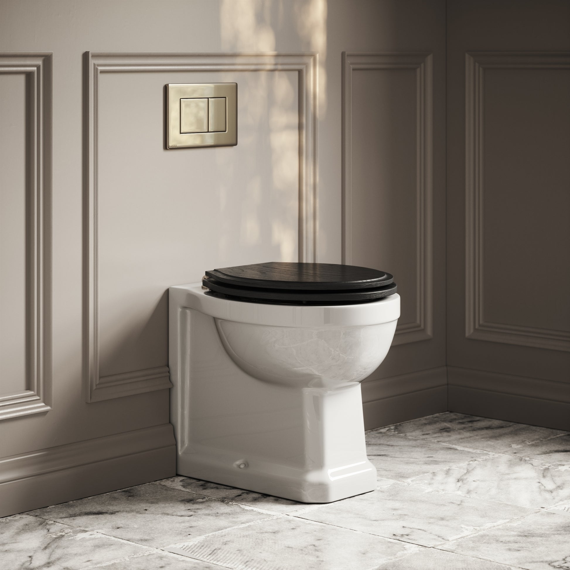 Portland Back To Wall Traditional Toilet With Solid Oak Matte Black Seat with Concealed Cistern and Polished Nickel Flush Plate