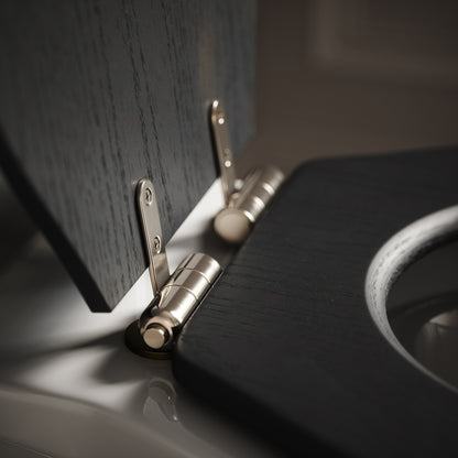 Portland Back To Wall Traditional Toilet With Solid Oak Matte Black Seat with Concealed Cistern and Polished Nickel Flush Plate