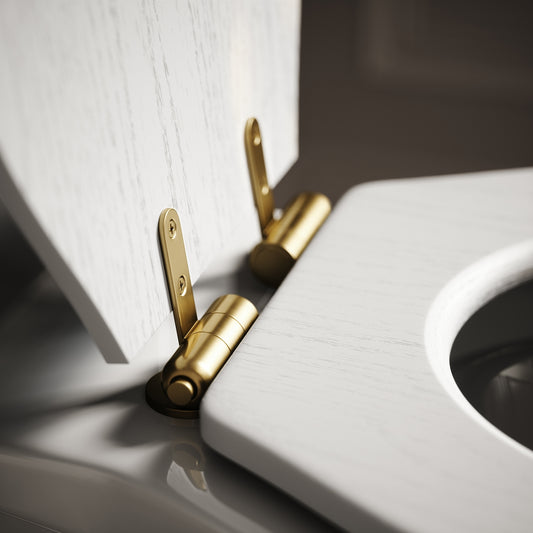 Portland Back to Wall Traditional Toilet with Solid Oak Matte White seat (Brushed Gold Fittings)