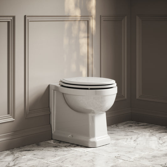 Portland Back to Wall Traditional Toilet with Solid Oak Matte White seat (Polished Nickel Fittings)